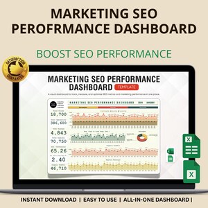 Op de afbeelding: Een laptop toont een marketing SEO performance dashboard template. Het scherm toont datavisualisaties, grafieken en belangrijke statistieken. Tekst omvat "Boost SEO Performance" en "Instant Download". De afbeelding bevat ook een "Satisfaction Guarantee" badge.