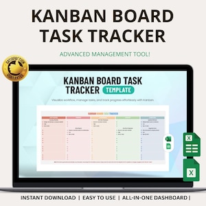 Pode incluir: Um ecrã de laptop mostra um modelo de Task Tracker Kanban. O ecrã mostra um layout colorido de gerenciamento de tarefas com o texto "Kanban Board Task Tracker Template". A imagem também inclui o texto "Download instantâneo | Fácil de usar | Painel tudo-em-um".