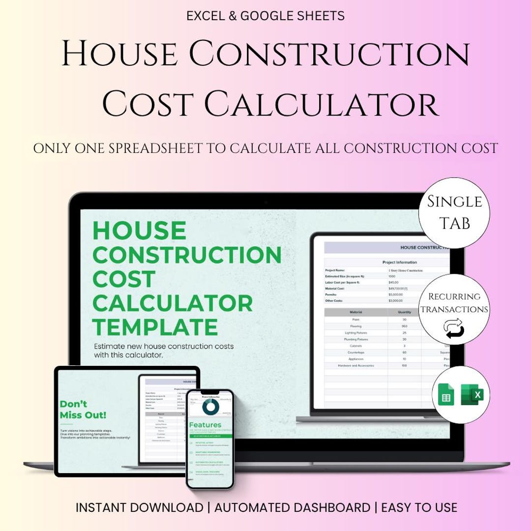 House Construction Cost Calculator: Excel Budget Estimator (template ...