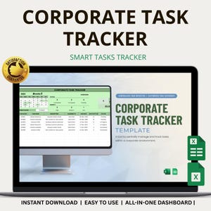 May include: A laptop screen displays a "Corporate Task Tracker" template. The screen shows a spreadsheet with task details, dates, and statuses. The text includes "Smart Tasks Tracker," "Instant Download," and "Easy to Use."