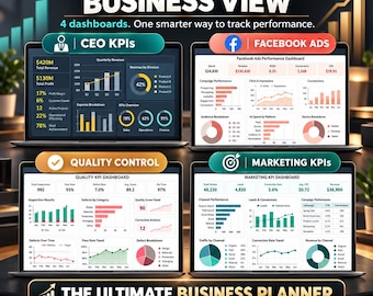 May include: Four laptop screens displaying business dashboards titled CEO KPIs, Facebook Ads, Quality Control, and Marketing KPIs. The text reads GET THE COMPLETE BUSINESS VIEW, 4 dashboards. One smarter way to track performance. THE ULTIMATE BUSINESS PLANNER.