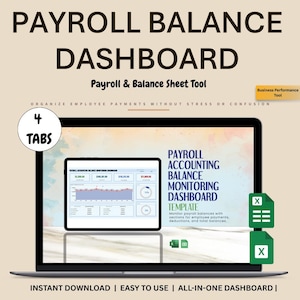 Puede incluir: Una pantalla de portátil muestra una plantilla de panel de control de nómina. El texto dice "Payroll Balance Dashboard" y "Payroll & Balance Sheet Tool". La pantalla muestra una hoja de cálculo con gráficos y datos. La imagen también incluye el texto "Instant Download | Easy to Use | All-in-One Dashboard."