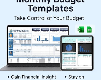 May include: A laptop and tablet display monthly budget templates with financial data visualizations. The image includes the text "Monthly Budget Templates" and "Take Control of Your Budget." Bullet points highlight features: "Gain Financial Insight," "Track Income & Expenses," and "Stay on Target."