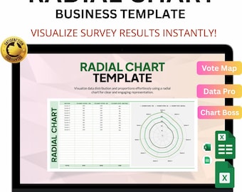Może przedstawiać: Ekran laptopa wyświetla "RADIAL CHART BUSINESS TEMPLATE". Ekran pokazuje wykres kołowy z zielonymi liniami i tabelami danych. Tekst zawiera "VISUALIZE SURVEY RESULTS INSTANTLY!" i "INSTANT DOWNLOAD | EASY TO USE | ALL-IN-ONE DASHBOARD."
