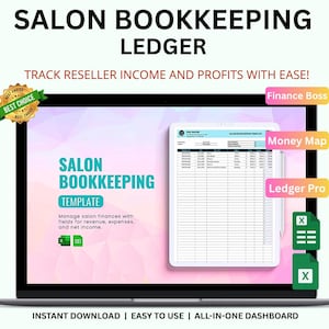 May include: A digital salon bookkeeping ledger displayed on a laptop screen. The screen shows a template with fields for managing salon finances, revenue, expenses, and net income. Text includes "Salon Bookkeeping Ledger" and "Instant Download".