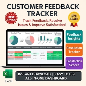 Puede incluir: Una pantalla de portátil muestra un panel de control de seguimiento de comentarios de clientes con gráficos. La imagen incluye el texto "Customer Feedback Tracker" y "Instant Download | Easy to Use All-in-One Dashboard."