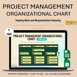 May include: A laptop displays a project management organizational chart template. The chart is green and white, with text that reads "Project Management Organizational Chart Template." The image also includes the text "Simplify Roles and Responsibilities Instantly."
