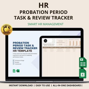 Puede incluir: Una pantalla de portátil muestra una plantilla de RRHH "Probation Period Task & Review Tracker". La plantilla incluye secciones para las revisiones del desempeño de los empleados. El texto dice "Smart HR Management" y "Instant Download | Easy to Use | All-in-One Dashboard". Un sello dorado dice "Satisfaction Guarantee".