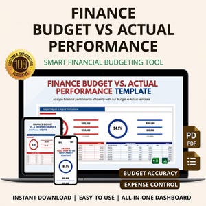 Może przedstawiać: Cyfrowy szablon finansowy wyświetlany na laptopie, tablecie i smartfonie. Ekran pokazuje analizę budżetu w porównaniu z rzeczywistą wydajnością z wykresami i danymi. Tekst zawiera "Finance Budget vs. Actual Performance" i "Smart Financial Budgeting Tool".
