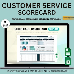 Op de afbeelding: Een laptopscherm toont een sjabloon voor een klantenservice scorecard dashboard. Het scherm toont grafieken en tabellen voor prestatie-evaluatie. Tekst bevat "Customer Service Scorecard" en "Direct downloaden."