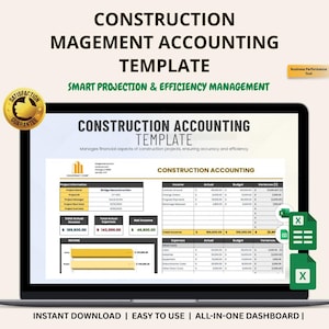 Könnte beinhalten: Ein Laptop-Bildschirm zeigt eine Bauabrechnungsvorlage mit Finanzdaten und Diagrammen. Die Vorlage enthält den Text "Construction Accounting Template". Das Design zeigt ein goldenes "Satisfaction Guarantee"-Abzeichen und den Text "Instant Download | Easy to Use | All-in-One Dashboard".