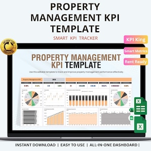 以下が含まれることがあります： 不動産管理KPIテンプレートが表示されたラップトップの画面。テンプレートには、パフォーマンスを追跡するためのグラフとデータ視覚化が含まれています。「Property Management KPI Template」と「Smart KPI Tracker」というテキストが表示されています。