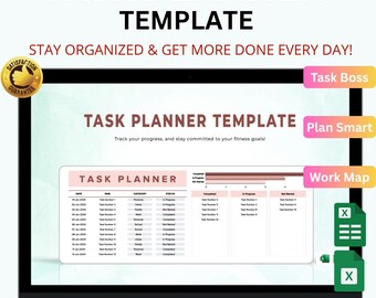 May include: A digital task planner template displayed on a laptop screen. The template includes sections for tasks, categories, and status updates. The screen also displays the text "Task Planner Template" and "Stay Organized & Get More Done Every Day!"