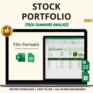 May include: A laptop screen showing a stock portfolio summary analysis. The screen displays a spreadsheet with financial data, with the text "STOCK PORTFOLIO" and "STOCK SUMMARY ANALYSIS". The image also includes file format icons for Google Sheets and Excel.