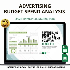 Könnte beinhalten: Ein Laptop-Bildschirm zeigt eine Vorlage zur Analyse des Werbebudgets. Der Bildschirm zeigt ein Diagramm mit grünen Balken und Finanzdaten. Auf dem Bildschirm steht "Werbebudget vs. Ist-Ausgaben Analyse Vorlage". Der Text enthält "Sofort-Download | Einfach zu bedienen | All-in-One-Dashboard".