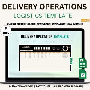 Könnte beinhalten: Ein Laptop-Bildschirm zeigt eine "Lieferbetriebsvorlage" für Logistik und Flottenmanagement. Der Bildschirm zeigt eine Tabelle mit Datenfeldern und einer Schwarz-Weiß-Oberfläche. Der Text enthält "Delivery Operations" und "Logistics Template."