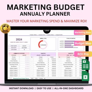 Puede incluir: Un planificador de presupuesto de marketing digital en la pantalla de un portátil. El planificador incluye secciones para totales anuales, desgloses trimestrales y resúmenes por categoría. El texto en la pantalla dice "Marketing Budget Annual Planner".