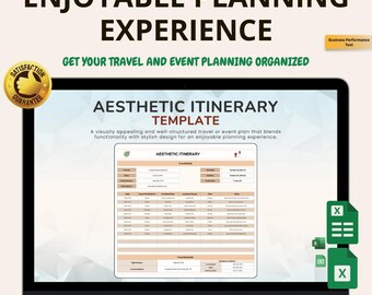 Puede incluir: Una pantalla de portátil muestra una "Plantilla de itinerario estético" para la planificación de viajes y eventos. La pantalla muestra un diseño similar a una hoja de cálculo con encabezados y campos de datos. La imagen incluye el texto "Enjoyable Planning Experience".