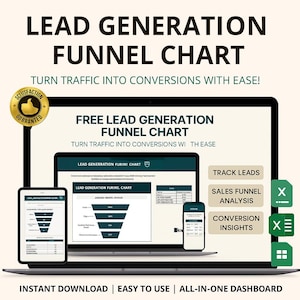 May include: A laptop, tablet, and smartphone display a lead generation funnel chart. The text reads "LEAD GENERATION FUNNEL CHART" and "TURN TRAFFIC INTO CONVERSIONS WITH EASE!" Additional text includes "TRACK LEADS", "SALES FUNNEL ANALYSIS", and "CONVERSION INSIGHTS".