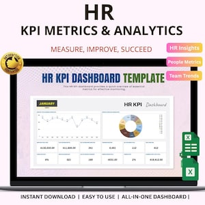 Pode incluir: Um ecrã de laptop exibe um modelo de painel HR KPI com gráficos e visualizações de dados. O texto diz "HR KPI Metrics & Analytics" e "Measure, Improve, Succeed." Textos adicionais incluem "HR Insights", "People Metrics" e "Team Trends."
