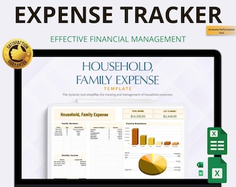 May include: A laptop screen displays a financial template titled "Family Home Expense Tracker." The template includes sections for income, expenses, and a pie chart. Text on the screen reads "Instant Download | Easy to Use | All-in-One Dashboard."