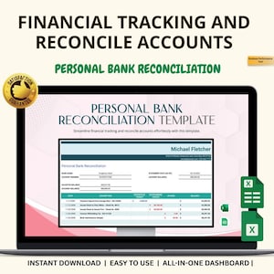 May include: A laptop screen displays a personal bank reconciliation template. The screen shows financial tracking and account reconciliation information. Text on the screen includes "Financial Tracking and Reconcile Accounts" and "Personal Bank Reconciliation". The image also includes a "Satisfaction Guarantee" badge.