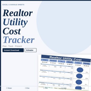 May include: A digital spreadsheet template labelled "Realtor Utility Cost Tracker" with the text "Excel & Google Sheets." The template includes sections for tracking water, electricity, gas, cable, and phone expenses. It is available for instant download and is editable.