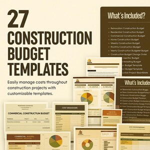Puede incluir: Imagen que muestra 27 plantillas de presupuestos de construcción. Los documentos incluyen gráficos y tablas, como "Presupuesto de construcción comercial" y "Desglose de costos". El texto dice: "Administre fácilmente los costos de sus proyectos de construcción."