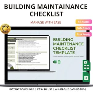 Puede incluir: Una computadora portátil muestra una plantilla de lista de verificación de mantenimiento de edificios. La pantalla muestra una lista de verificación detallada con secciones para exteriores, techo y sistemas HVAC. El texto incluye "Manage with Ease".