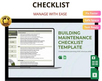 Puede incluir: Una computadora portátil muestra una plantilla de lista de verificación de mantenimiento de edificios. La pantalla muestra una lista de verificación detallada con secciones para exteriores, techo y sistemas HVAC. El texto incluye "Manage with Ease".