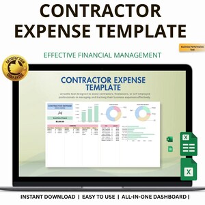 May include: A laptop screen displays a "Contractor Expense Template" with charts and tables for financial management. The screen shows the text "Effective Financial Management" and "Instant Download | Easy to Use | All-in-One Dashboard". A gold "Satisfaction Guarantee" seal is in the upper left.