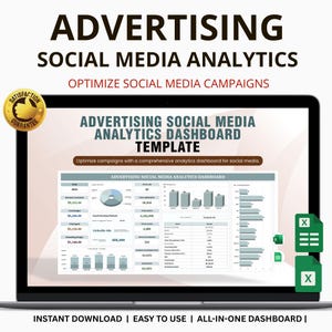 以下が含まれることがあります： ラップトップの画面には、ソーシャルメディア分析ダッシュボードのテンプレートが表示されています。画面にはグラフとデータ視覚化が表示されています。上部のテキストは「ADVERTISING SOCIAL MEDIA ANALYTICS」と書かれています。下部のテキストは「INSTANT DOWNLOAD | EASY TO USE | ALL-IN-ONE DASHBOARD」と書かれています。