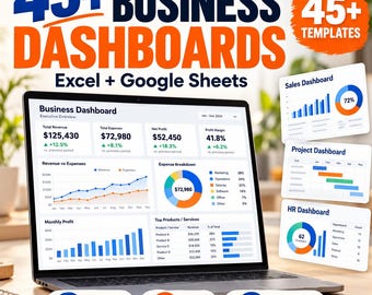 May include: A laptop screen displaying a business dashboard with financial data, charts, and graphs. The text reads 45+ Business Dashboards Excel + Google Sheets. Additional smaller dashboard previews for Sales, Project, and HR are visible on the right.