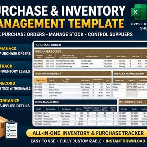 May include: A digital inventory and purchase management template for Excel and Google Sheets. The spreadsheet includes sections for purchase orders, inventory tracking, supplier management, and stock withdrawals. The template is designed to be easy to use and fully customisable.