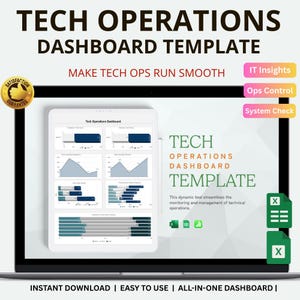 Puede incluir: Una plantilla de panel de control de operaciones tecnológicas que se muestra en la pantalla de un portátil. El texto dice "TECH OPERATIONS DASHBOARD TEMPLATE" y "MAKE TECH OPS RUN SMOOTH". El panel incluye gráficos y opciones para IT Insights, Ops Control y System Check.