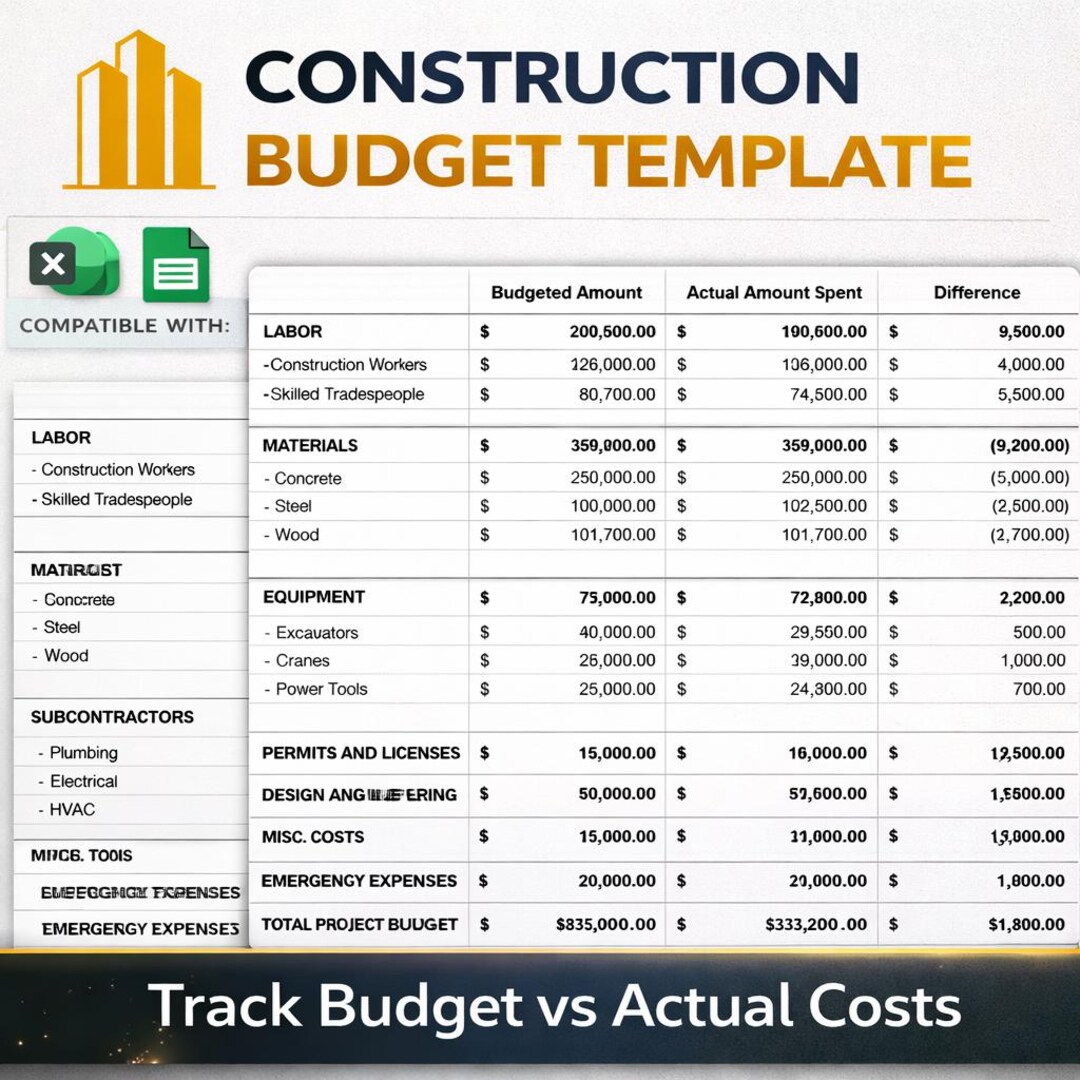 Construction Budget Template | Excel & Google Sheets Project Cost and ...