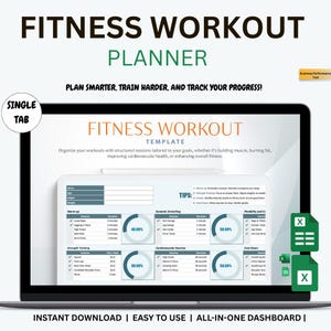 Puede incluir: Un planificador digital de entrenamiento físico que se muestra en la pantalla de una computadora portátil. El planificador incluye secciones para ejercicios de calentamiento, entrenamiento de fuerza y enfriamiento. El texto en la pantalla dice "Fitness Workout Planner".