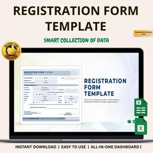 Könnte beinhalten: Ein Laptop-Bildschirm zeigt eine Registrierungsformularvorlage. Der Text "REGISTRATION FORM TEMPLATE" ist deutlich sichtbar. Zusätzlicher Text umfasst "SMART COLLECTION OF DATA" und "INSTANT DOWNLOAD | EASY TO USE | ALL-IN-ONE DASHBOARD".