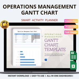 Puede incluir: Una pantalla de portátil muestra una plantilla de "Diagrama de Gantt de Gestión de Operaciones". La pantalla muestra un diagrama de Gantt con porcentajes de finalización de tareas. El texto incluye "Smart Activity Planner" e "Instant Download". Una insignia dorada de "Garantía de Satisfacción" está en la esquina superior izquierda.