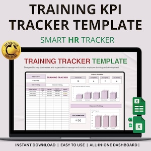 Könnte beinhalten: Ein Laptop-Bildschirm zeigt eine "TRAINING KPI TRACKER TEMPLATE" mit dem Text "SMART HR TRACKER". Die Vorlage enthält Diagramme und Datenfelder zur Verfolgung des Schulungsfortschritts. Der Text "INSTANT DOWNLOAD | EASY TO USE | ALL-IN-ONE DASHBOARD" ist ebenfalls sichtbar.