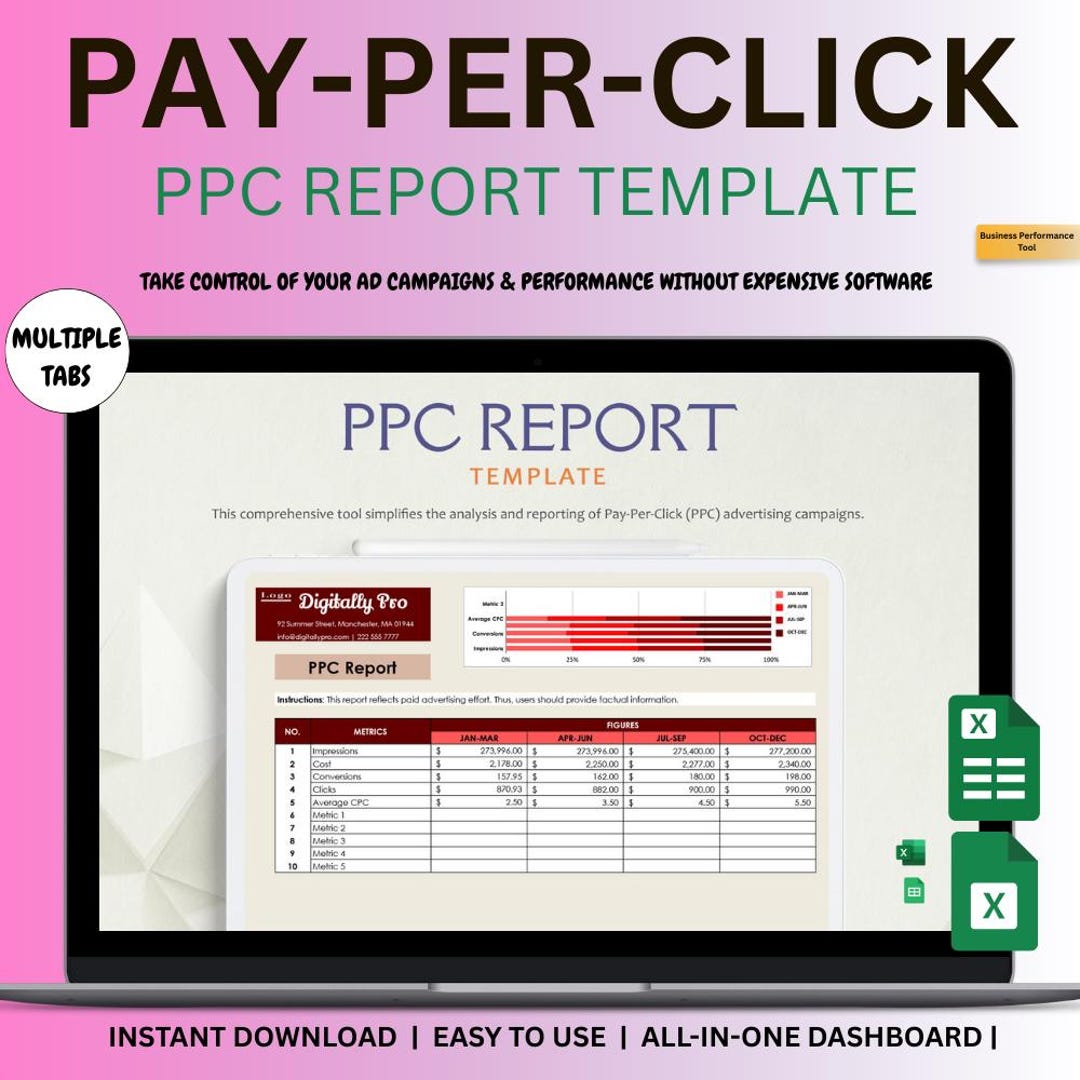 PPC Report Template Excel + Google Sheets | Digital Marketing Dashboard ...