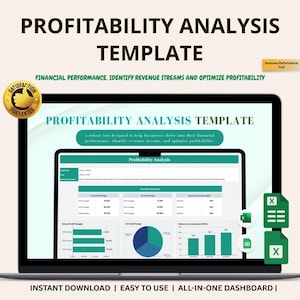 May include: A laptop screen displays a "Profitability Analysis Template." The screen shows charts and data tables. Text includes "Financial Performance, Identify Revenue Streams and Optimize Profitability." A gold "Satisfaction Guarantee" badge is in the corner.