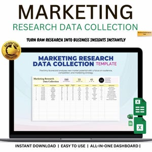 以下が含まれることがあります： マーケティング調査データ収集テンプレートが表示されたラップトップの画面。画面にはデータを含むスプレッドシートと「MARKETING RESEARCH DATA COLLECTION TEMPLATE」というテキストが表示されています。画像には「INSTANT DOWNLOAD | EASY TO USE | ALL-IN-ONE DASHBOARD」というテキストも含まれています。