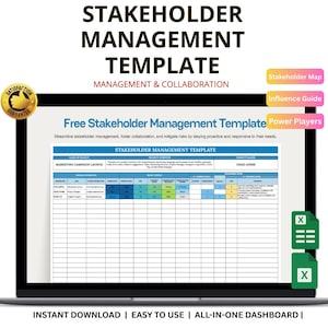Peut inclure: Un ordinateur portable affiche un modèle de gestion des parties prenantes. L'écran montre une feuille de calcul détaillée avec des titres tels que "Aperçu du projet" et "Objectifs du projet". Le texte comprend "Stakeholder Map", "Influence Guide" et "Power Players".