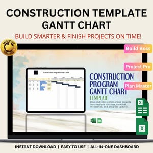 May include: A laptop screen displays a construction program Gantt chart template. The screen shows the text "CONSTRUCTION TEMPLATE GANTT CHART" and "BUILD SMARTER & FINISH PROJECTS ON TIME!" with options for Build Boss, Project Pro, and Plan Master.