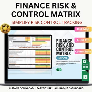 Peut inclure: Un modèle numérique de matrice de contrôle et de gestion des risques financiers affiché sur un écran d'ordinateur portable. Le modèle comprend des graphiques et des tableaux, avec le texte "FINANCE RISK AND CONTROL MATRIX" et "SIMPLIFY RISK CONTROL TRACKING". L'image comprend également le texte "INSTANT DOWNLOAD | EASY TO USE | ALL-IN-ONE DASHBOARD".