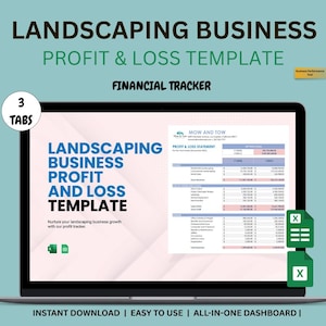 Könnte beinhalten: Ein Laptop-Bildschirm zeigt eine Gewinn- und Verlustvorlage für Landschaftsbauunternehmen. Der Bildschirm zeigt den Text "LANDSCAPING BUSINESS PROFIT AND LOSS TEMPLATE" und "FINANCIAL TRACKER". Die Vorlage enthält eine Gewinn- und Verlustrechnung.