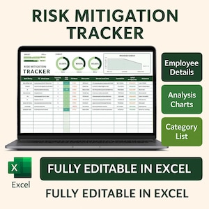 Peut inclure: Un ordinateur portable affiche une feuille de calcul "Risk Mitigation Tracker". L'écran montre des tableaux de données, des graphiques et des pourcentages. Schéma de couleurs vert et blanc. Le texte comprend "Employee Details", "Analysis Charts" et "Category List". Le logo Excel et "Fully Editable in Excel" sont également visibles.