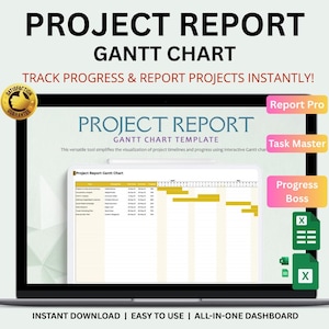 Puede incluir: Una pantalla de portátil muestra una plantilla de diagrama de Gantt de informe de proyecto. El texto dice "Project Report Gantt Chart" y "Track Progress & Report Projects Instantly!" con botones "Report Pro", "Task Master" y "Progress Boss".