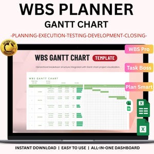 May include: A laptop screen displaying a WBS Gantt Chart template. The screen shows a project plan with a hierarchical breakdown structure and Gantt chart visualization. Text includes "WBS PLANNER", "GANTT CHART", and "INSTANT DOWNLOAD".